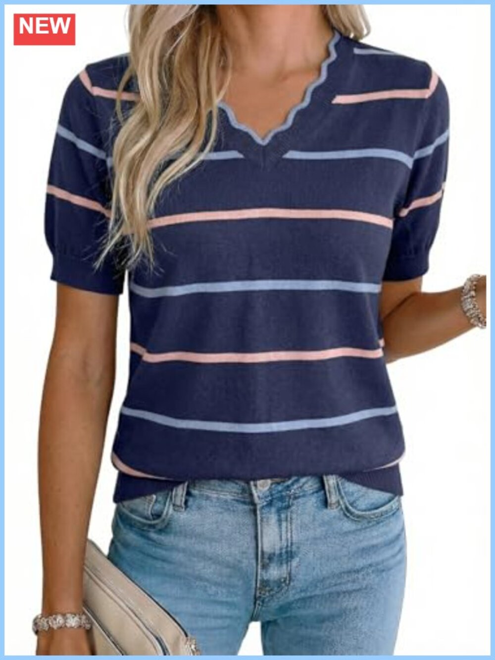Women's Short Sleeve Knit Striped Pullover Sweater V-Neck Summer Top